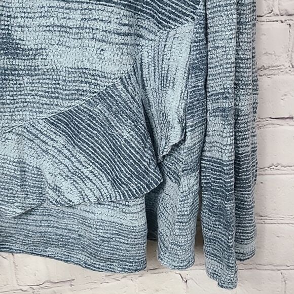Lucky Brand 100% Linen Printed Ruffle Top Blue Multi Peplum Knit Tee Stripes LG - Picture 4 of 6